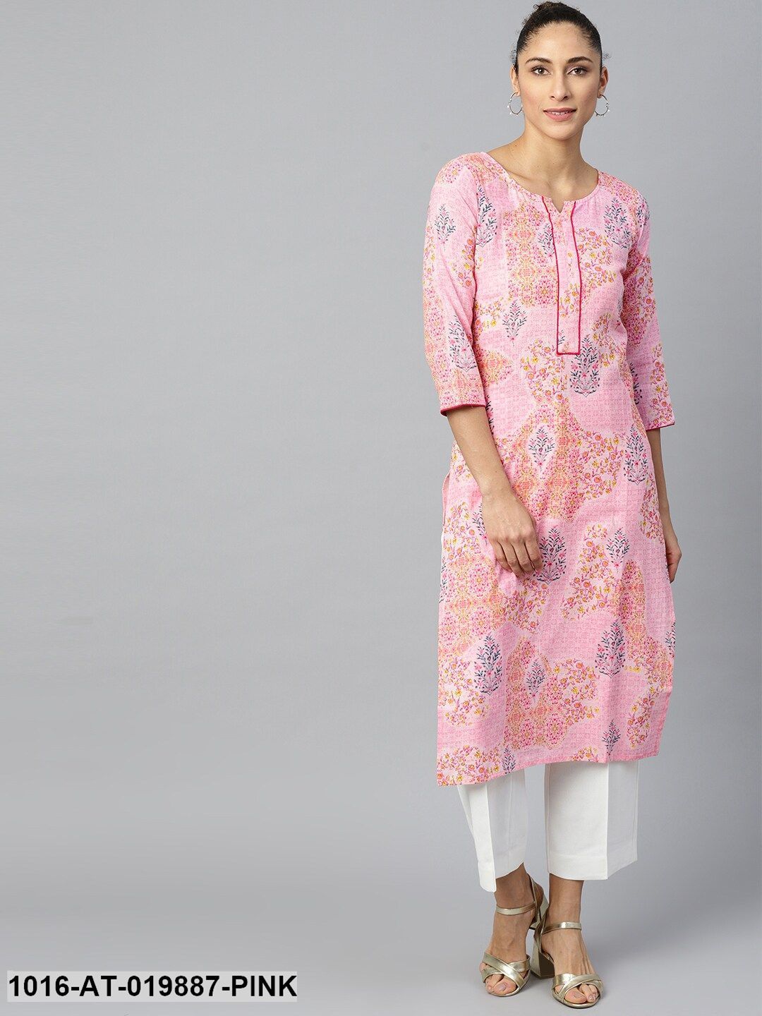 Pink & Navy Blue Floral Print Straight Kurta