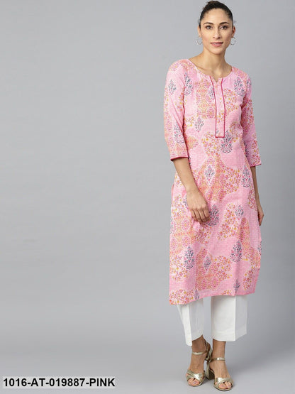 Pink & Navy Blue Floral Print Straight Kurta