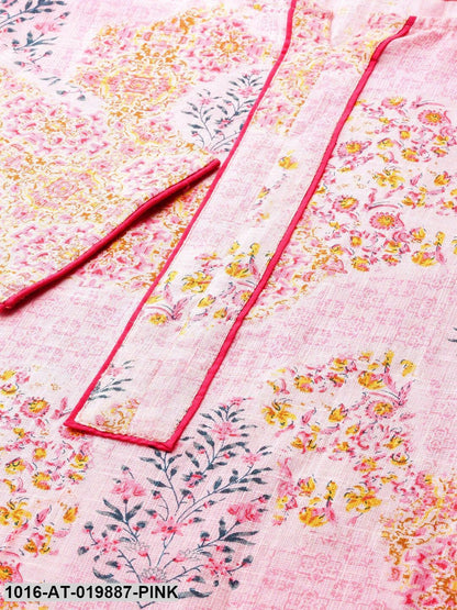 Pink & Navy Blue Floral Print Straight Kurta
