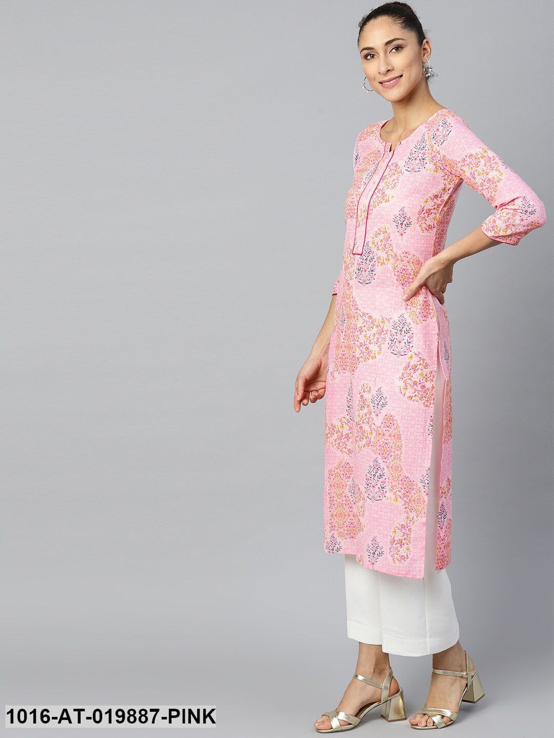 Pink & Navy Blue Floral Print Straight Kurta