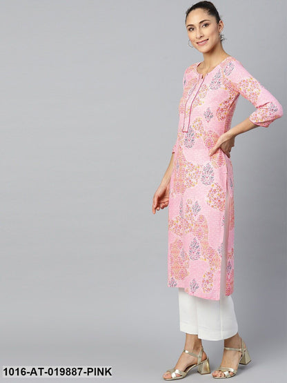 Pink & Navy Blue Floral Print Straight Kurta