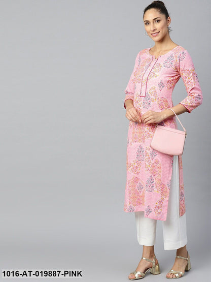 Pink & Navy Blue Floral Print Straight Kurta