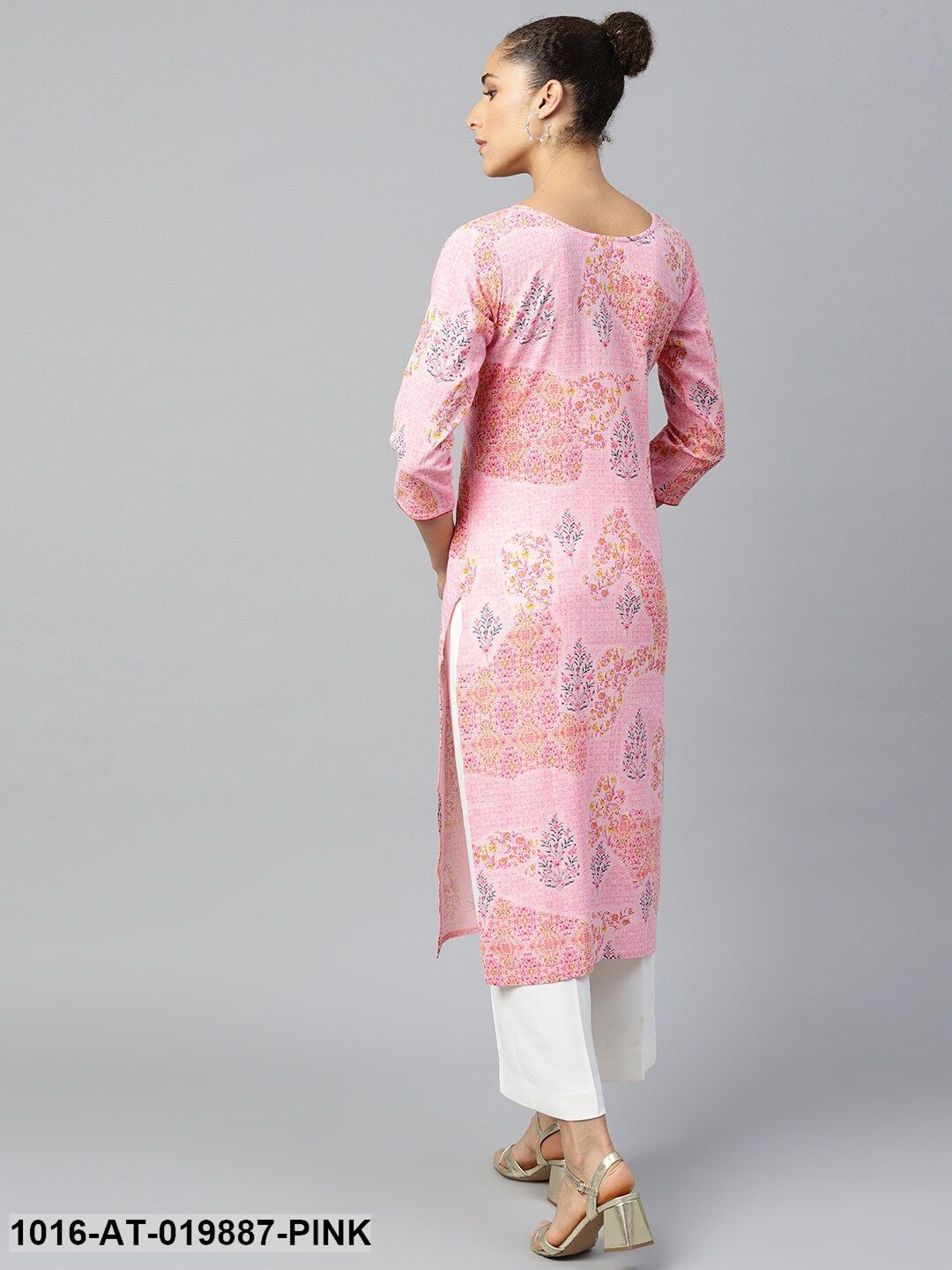 Pink & Navy Blue Floral Print Straight Kurta