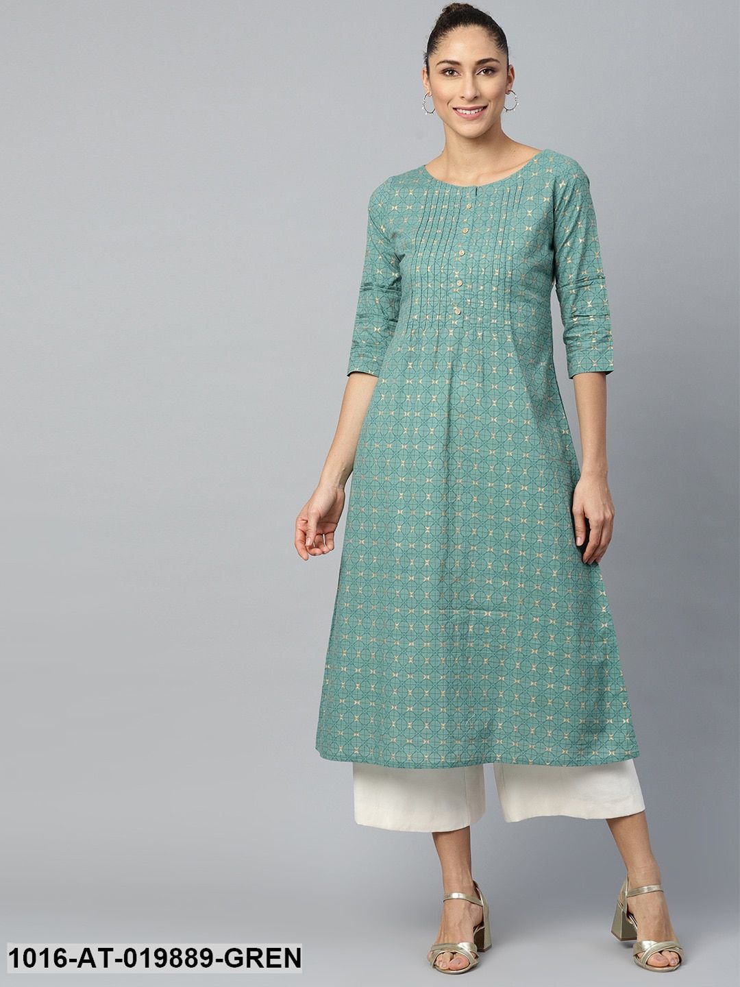 Green & Golden Geometric Print Pintuck Detail A-Line Kurta