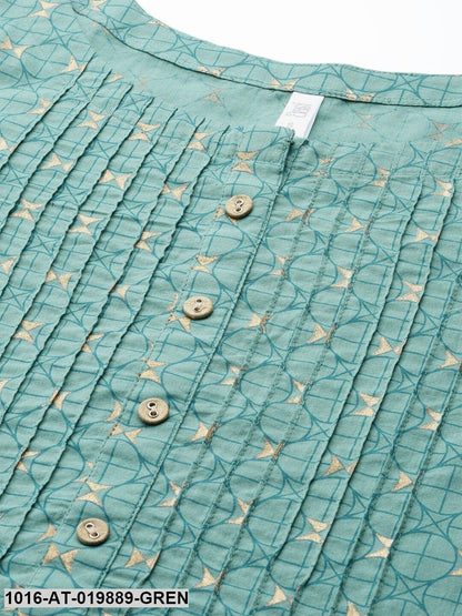Green & Golden Geometric Print Pintuck Detail A-Line Kurta