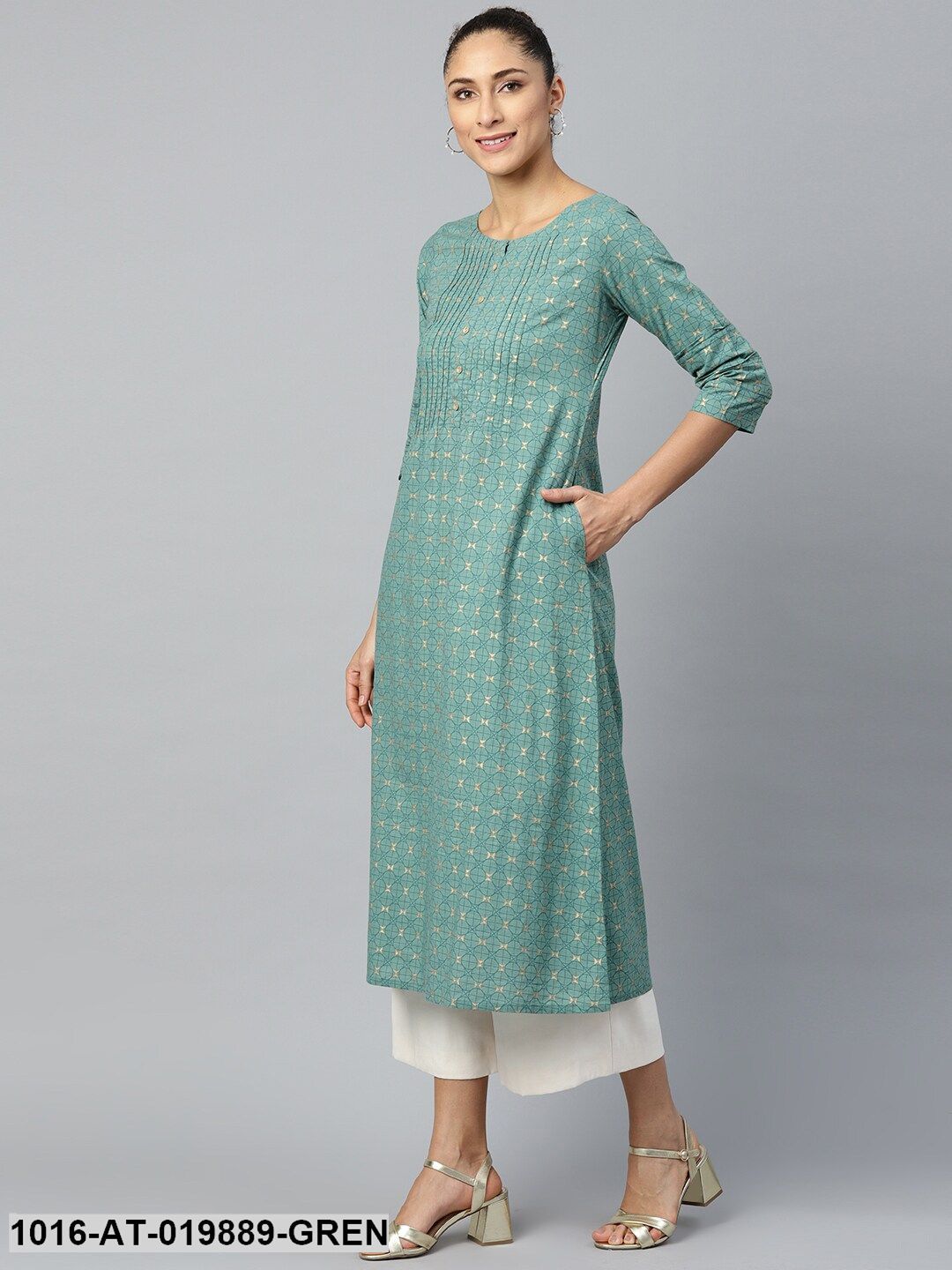 Green & Golden Geometric Print Pintuck Detail A-Line Kurta