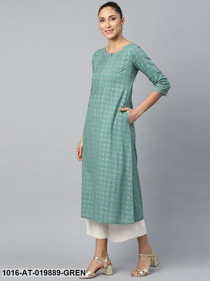 Green & Golden Geometric Print Pintuck Detail A-Line Kurta