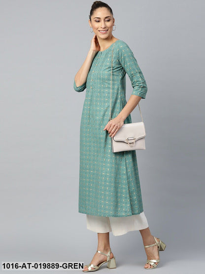 Green & Golden Geometric Print Pintuck Detail A-Line Kurta
