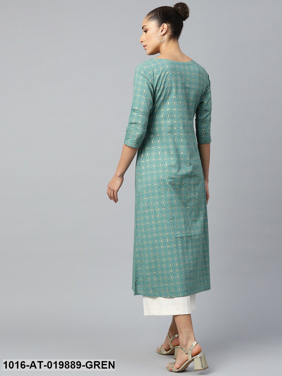 Green & Golden Geometric Print Pintuck Detail A-Line Kurta