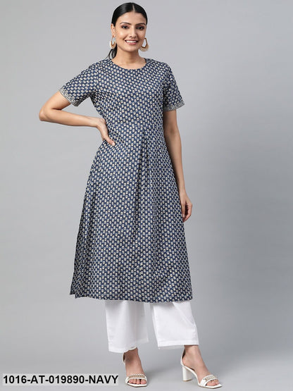 Navy Blue & Grey Printed A-Line Kurta