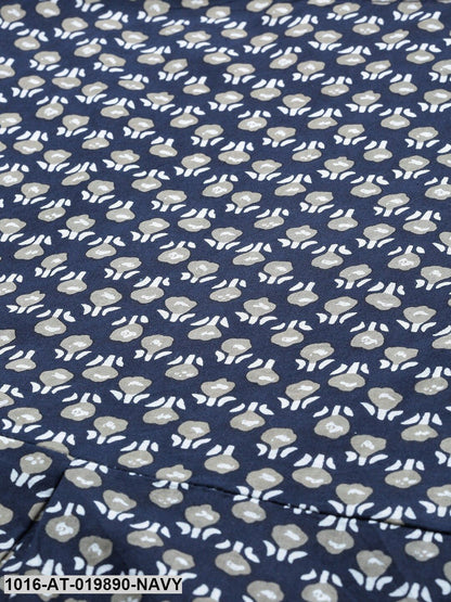 Navy Blue & Grey Printed A-Line Kurta