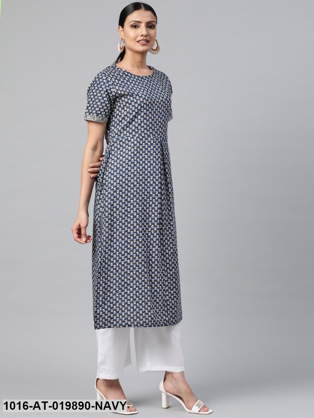 Navy Blue & Grey Printed A-Line Kurta