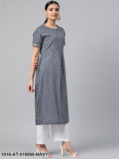 Navy Blue & Grey Printed A-Line Kurta
