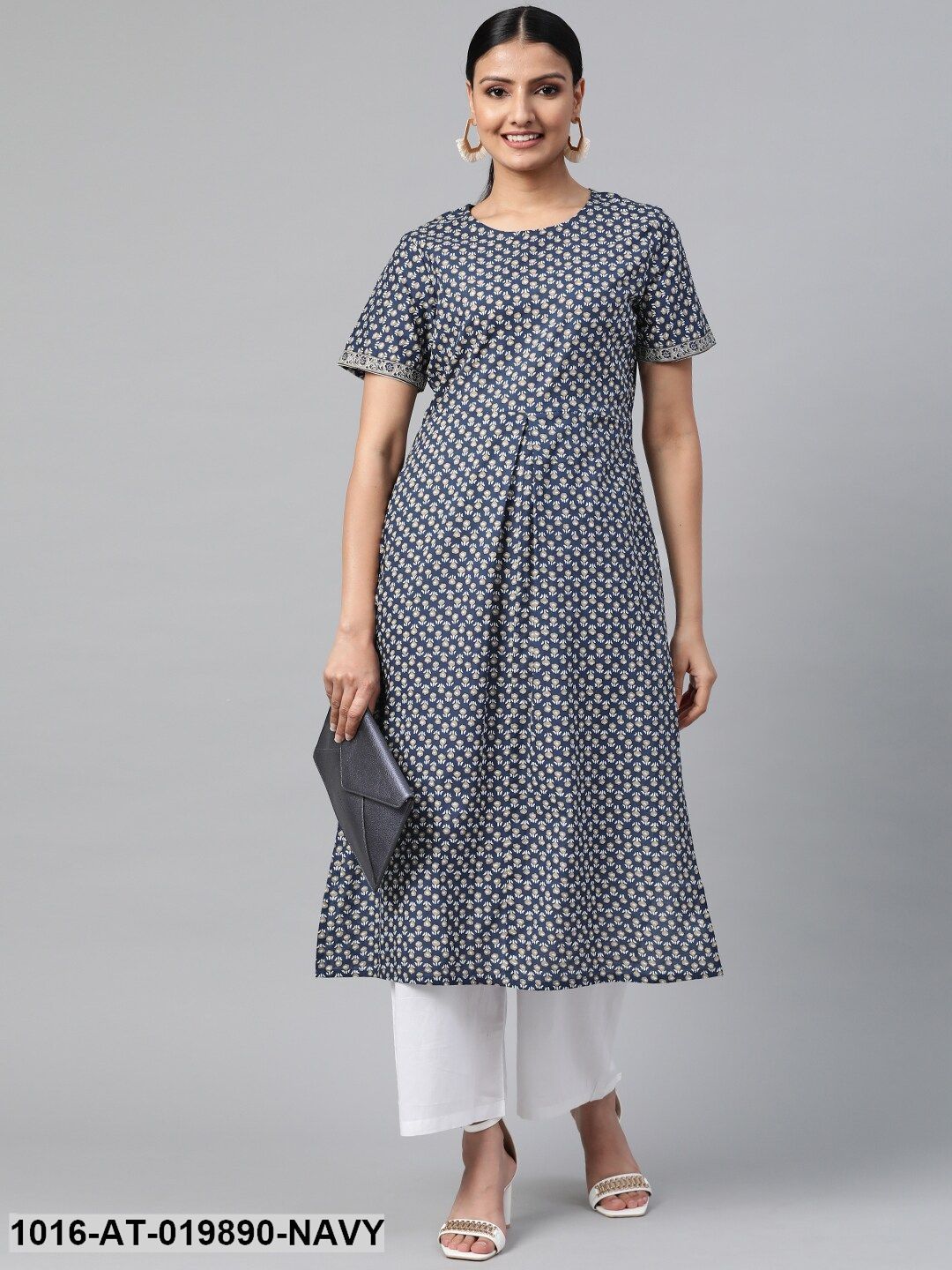 Navy Blue & Grey Printed A-Line Kurta