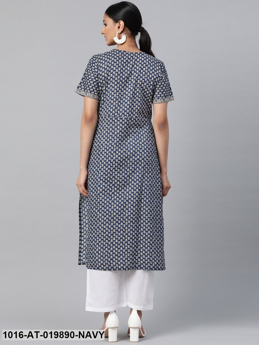 Navy Blue & Grey Printed A-Line Kurta