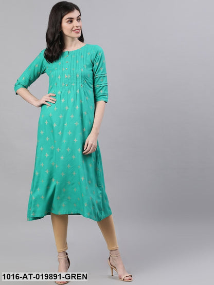 Green Printed A-Line Kurta