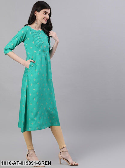 Green Printed A-Line Kurta
