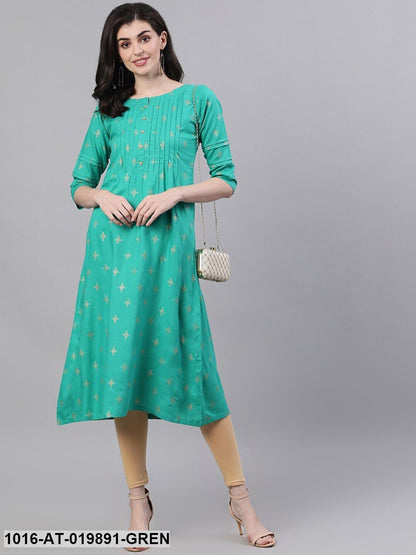Green Printed A-Line Kurta