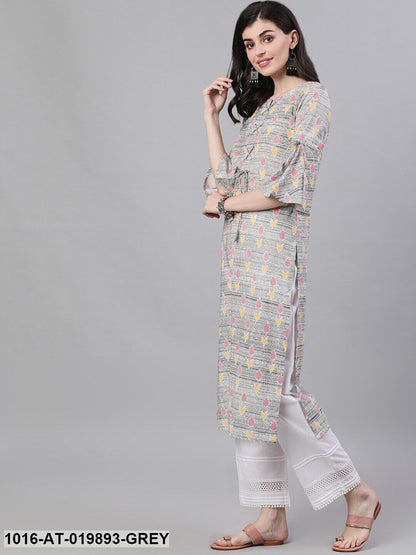Grey Printed Straight Kurta