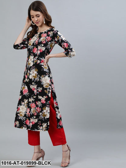 Black Floral Printed Kurta