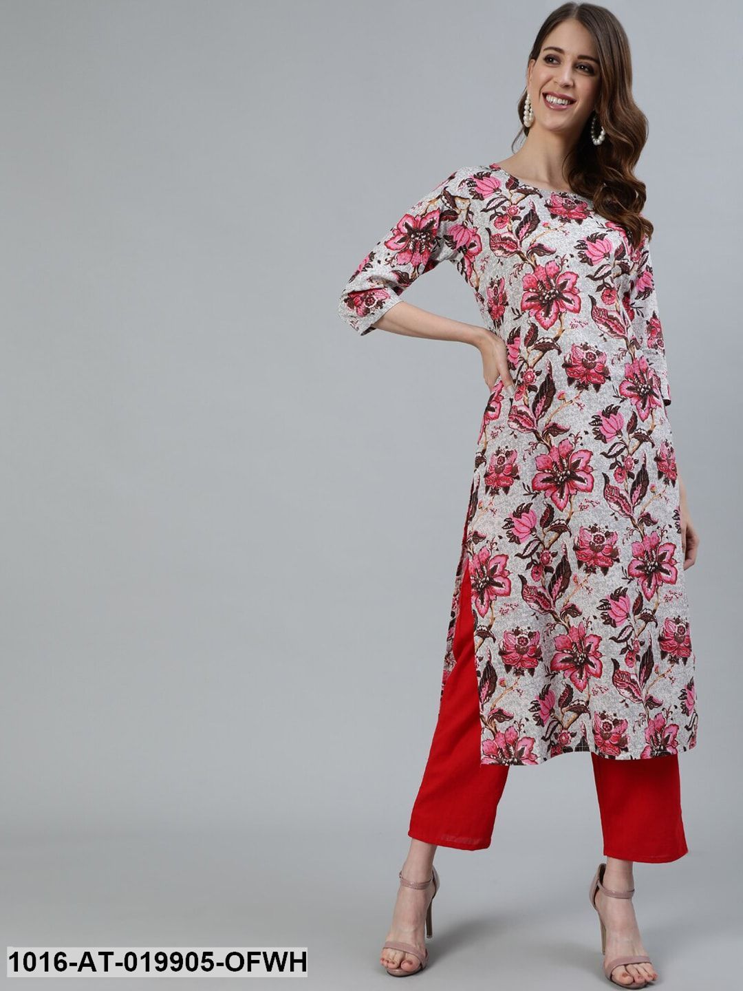 Off White & Pink Floral Printed Kurta
