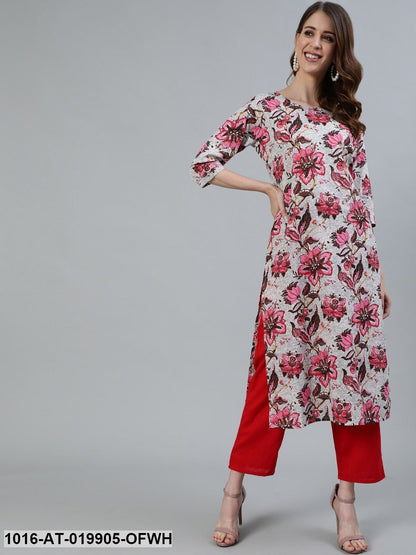 Off White & Pink Floral Printed Kurta