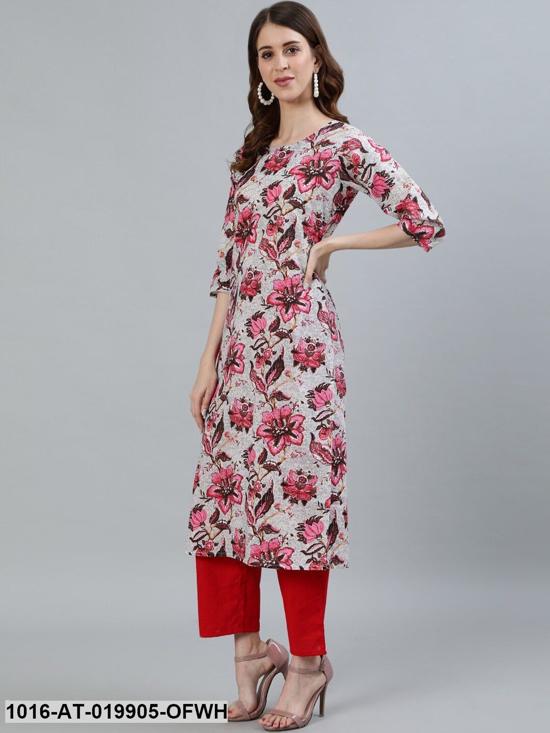 Off White & Pink Floral Printed Kurta
