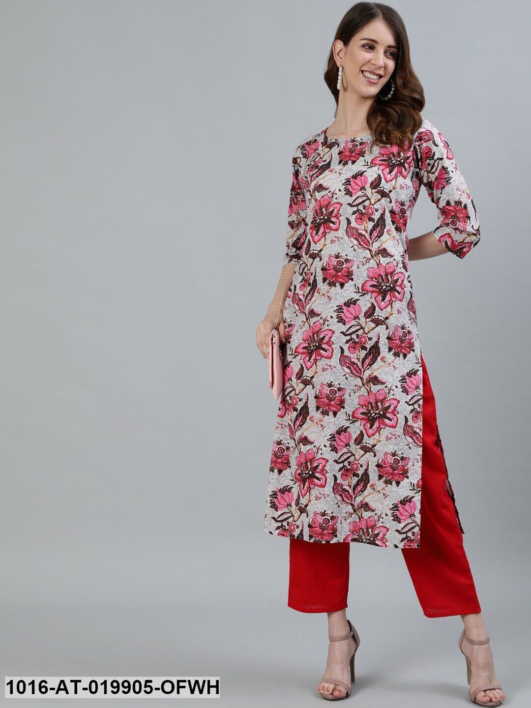 Off White & Pink Floral Printed Kurta