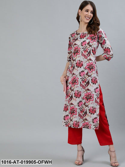 Off White & Pink Floral Printed Kurta