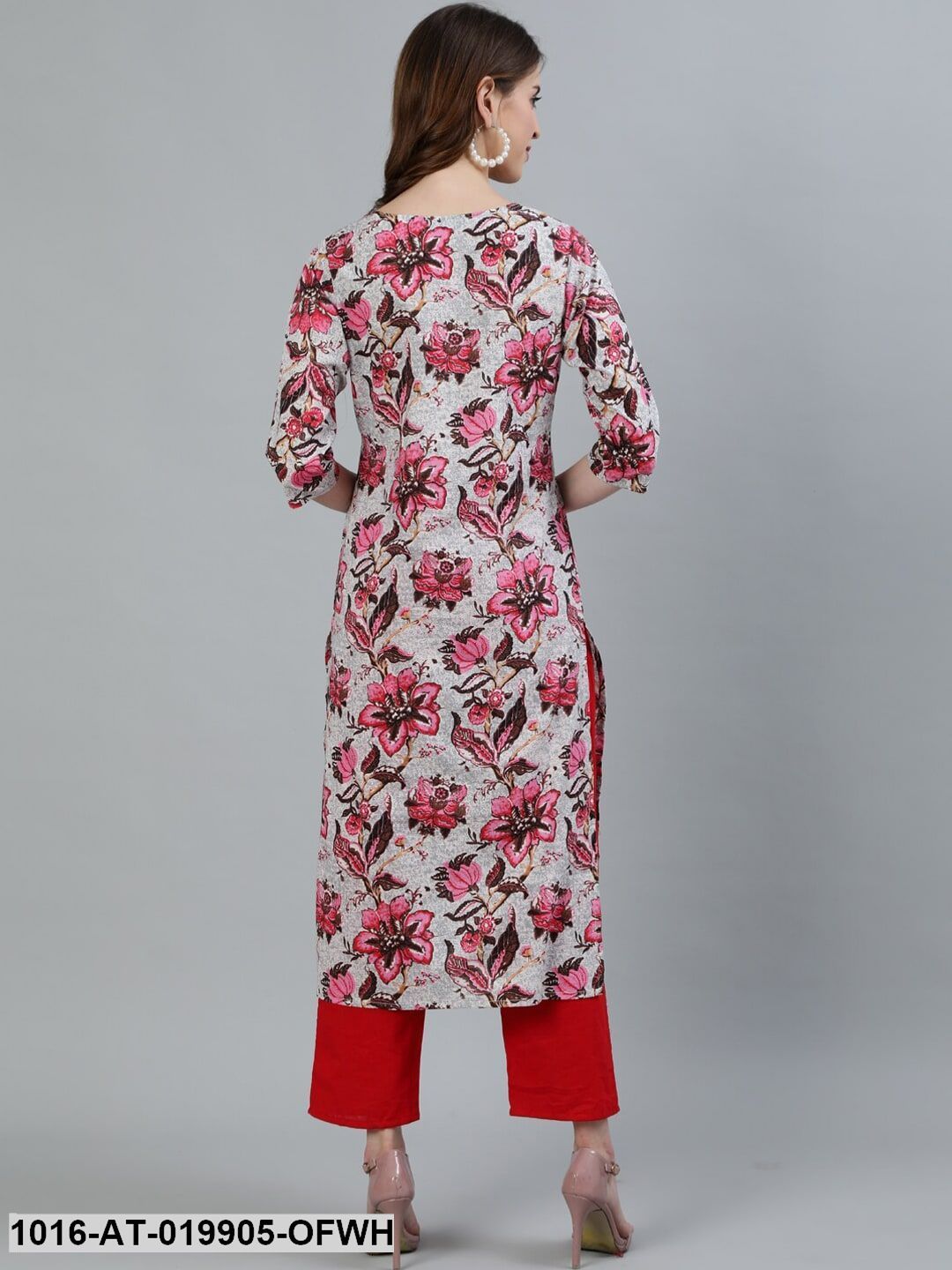 Off White & Pink Floral Printed Kurta