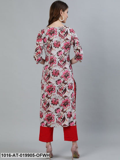 Off White & Pink Floral Printed Kurta