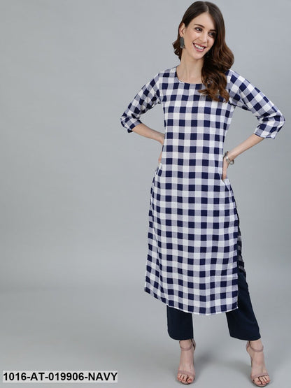 Navy Blue & White Checked Thread Work Crepe Kurta
