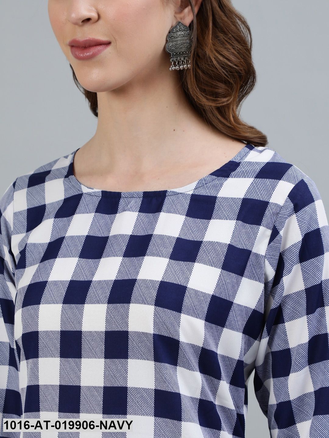 Navy Blue & White Checked Thread Work Crepe Kurta