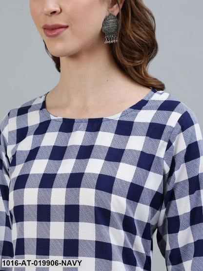 Navy Blue & White Checked Thread Work Crepe Kurta