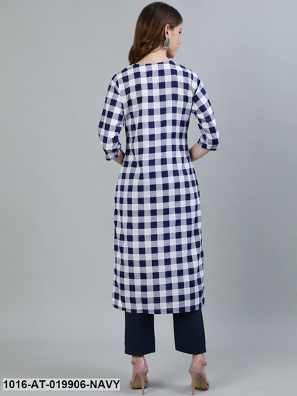 Navy Blue & White Checked Thread Work Crepe Kurta