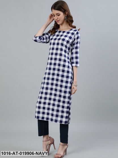 Navy Blue & White Checked Thread Work Crepe Kurta