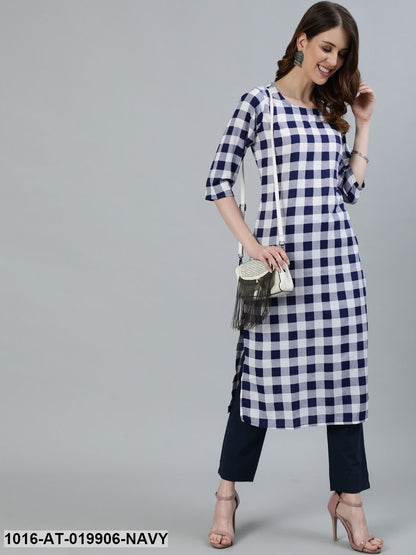 Navy Blue & White Checked Thread Work Crepe Kurta