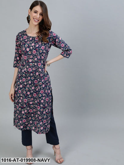 Navy Blue & Pink Floral Printed Floral Kurta