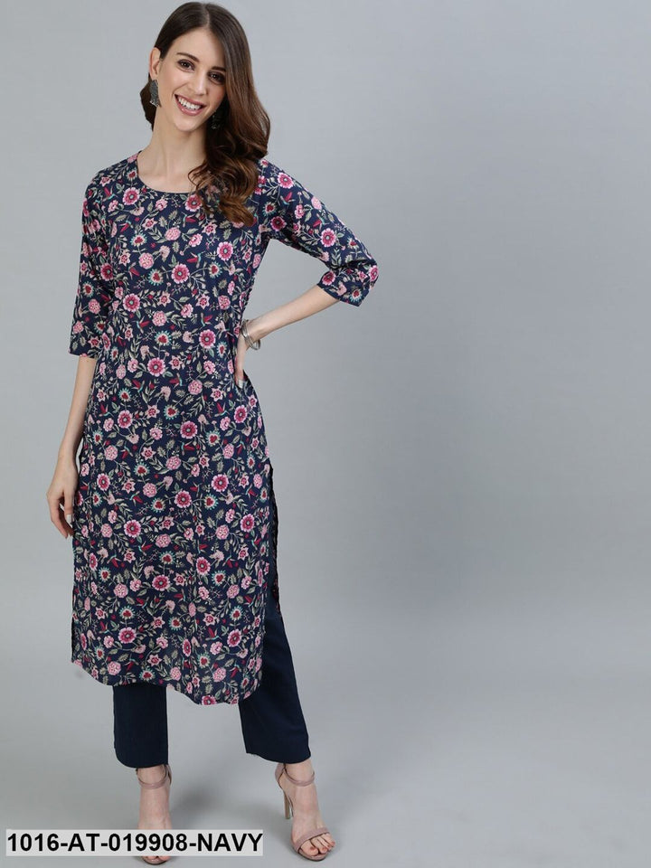Navy Blue &amp; Pink Floral Printed Floral Kurta