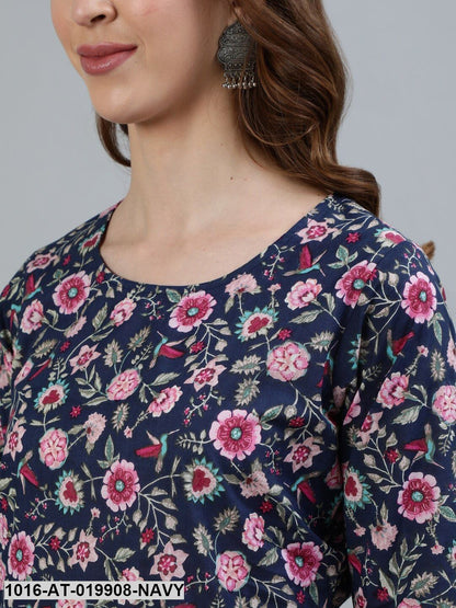 Navy Blue & Pink Floral Printed Floral Kurta