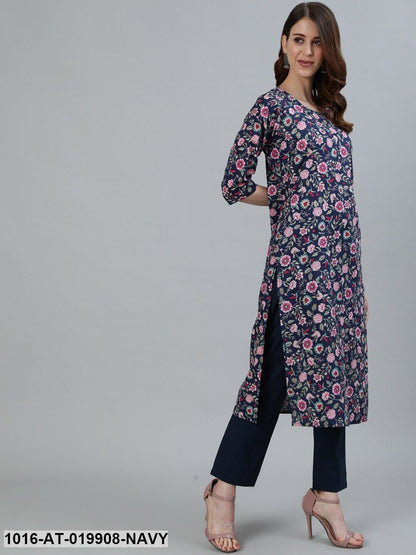 Navy Blue & Pink Floral Printed Floral Kurta