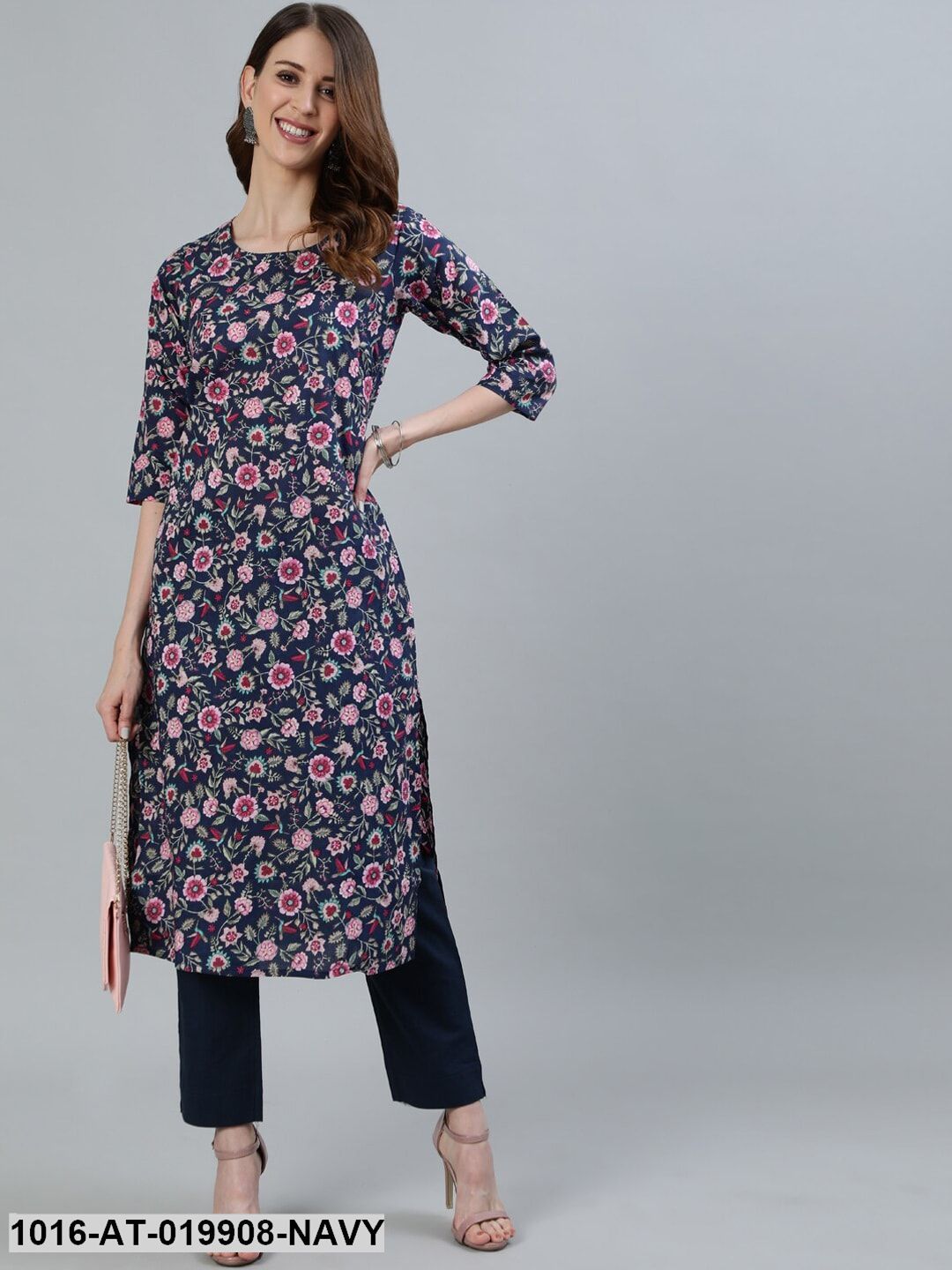 Navy Blue & Pink Floral Printed Floral Kurta