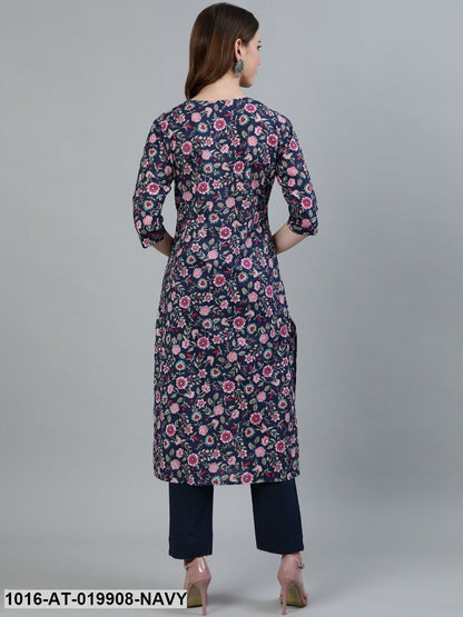 Navy Blue & Pink Floral Printed Floral Kurta