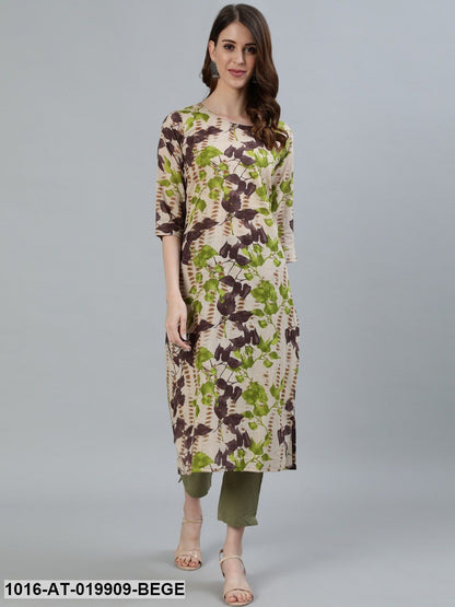 Beige Printed Keyhole Neck NA Pathani Kurta