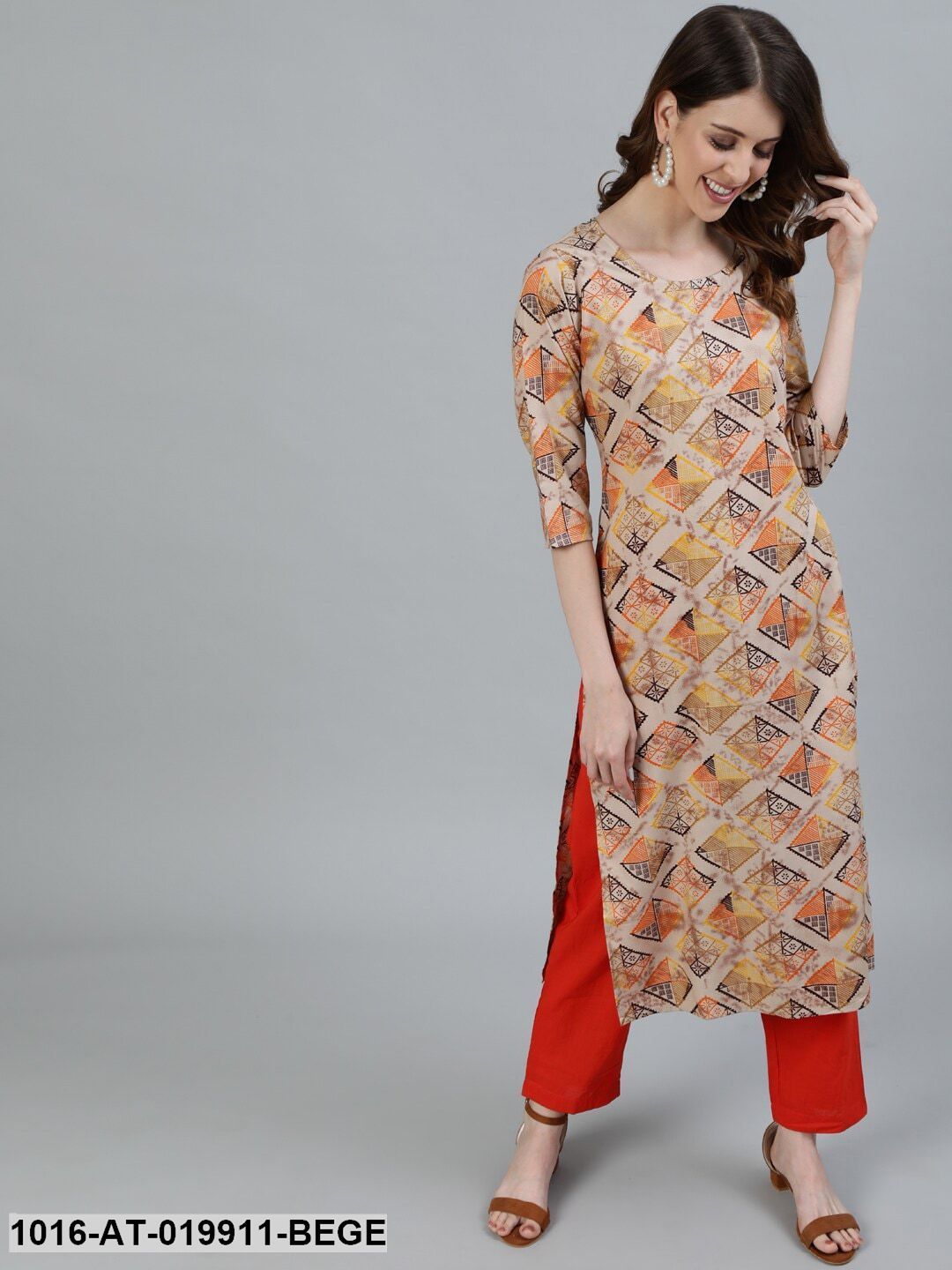 Beige & Grey Geometric Printed Kurta