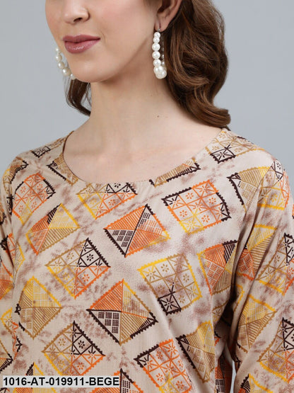 Beige & Grey Geometric Printed Kurta