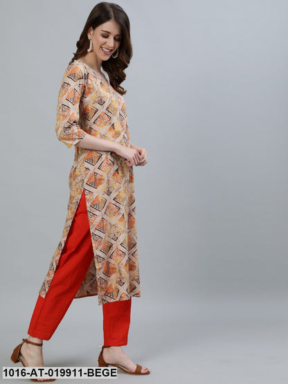 Beige & Grey Geometric Printed Kurta