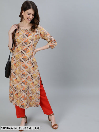 Beige & Grey Geometric Printed Kurta