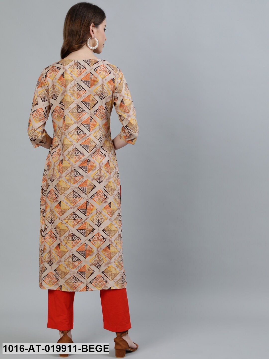 Beige & Grey Geometric Printed Kurta