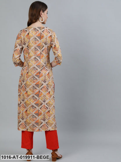 Beige & Grey Geometric Printed Kurta